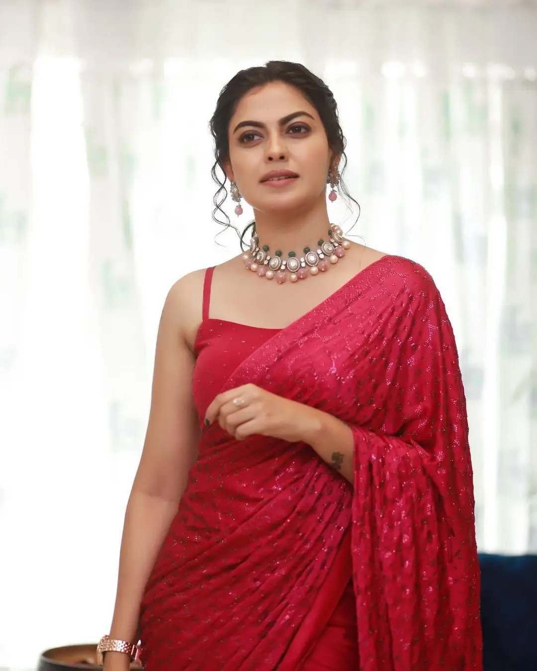 Malayalam Actress Anusree Nair in Maroon Saree Sleeveless Blouse